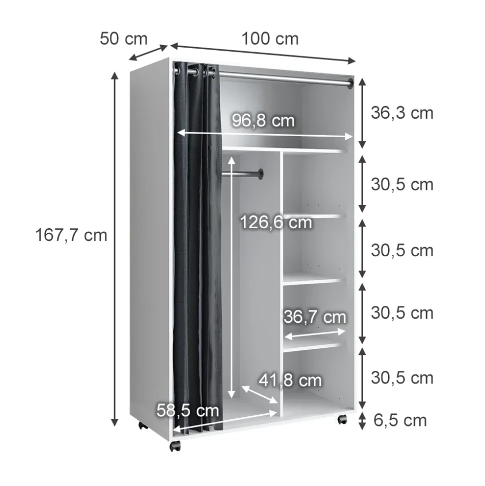 Kleiderschrank Doros Weiß 100 x 168 cm mit Rollen Vicco