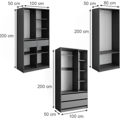 Kleiderschrank Elmo Anthrazit 100 x 200 cm 3er Set Vicco