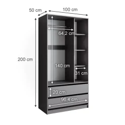 Kleiderschrank Elmo Anthrazit 100 x 200 cm mit 2 Schubladen Vicco