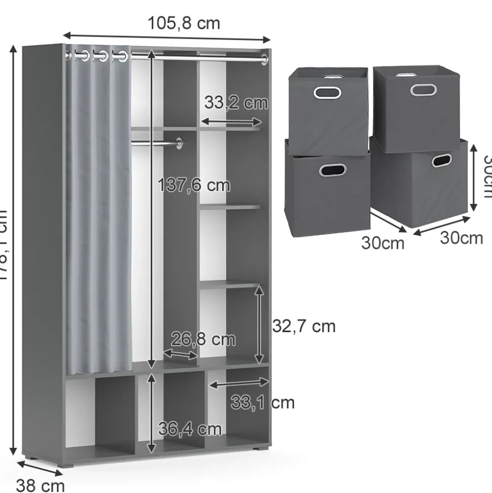 Kleiderschrank Luigi Grau 38 x 178.1 cm Mit Faltboxen (grau) Vicco