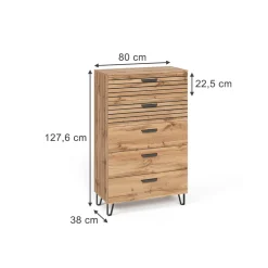 Kommode Amber Eiche Wotan 80 x 127.6 cm mit 5 Schubladen Vicco