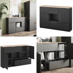 Kommode Betti Anthrazit/Sonoma 120 x 83.6 cm 2x Tür, 2x Schublade und 1x offenes Fache Vicco