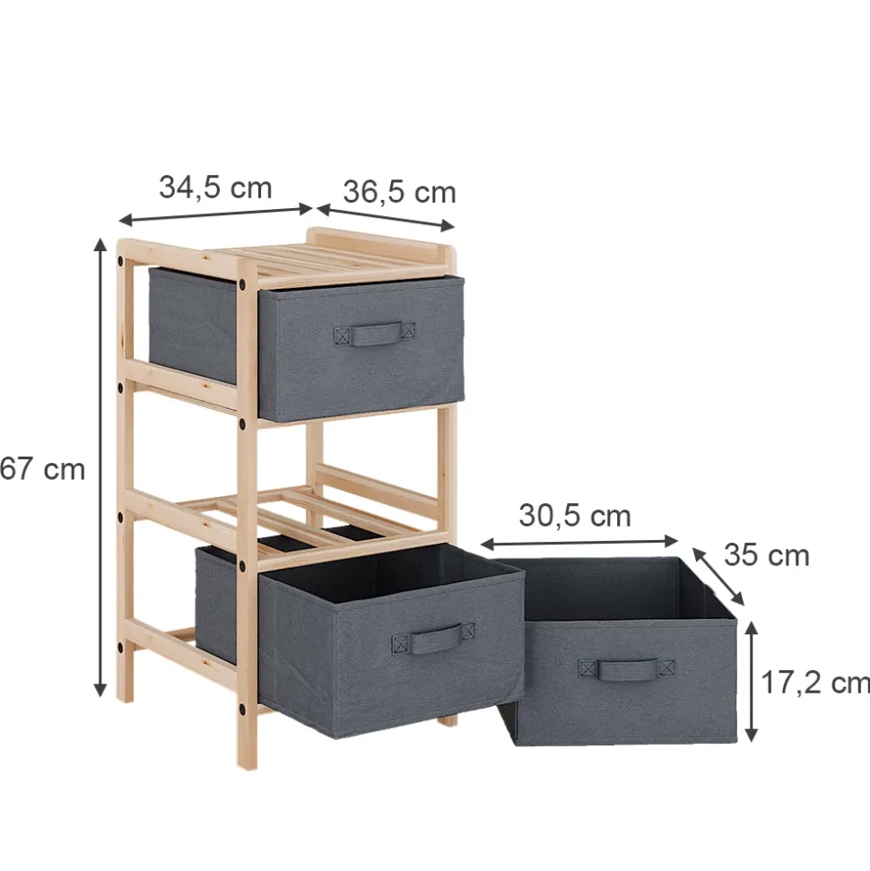 Kommode Bruno Grau 34.5 x 67 cm mit 3 Stoffschubladen Vicco