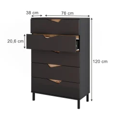 Kommode Marelle Anthrazit/Artisan 76 x 120 cm mit 5 Schubladen Vicco