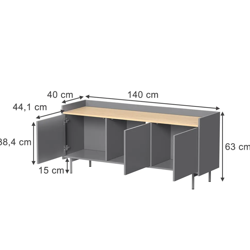 Lowboard Velina Grau 140 x 63 cm mit 3 Türen Vicco