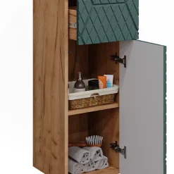 Midischrank Irma Grün/Goldkraft Eiche 30 x 81 cm mit 1 Schublade, 2 Fächer, Badezimmer Vicco