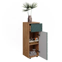 Midischrank Irma Grün/Goldkraft Eiche 30 x 81 cm mit 1 Schublade, 2 Fächer, Badezimmer Vicco