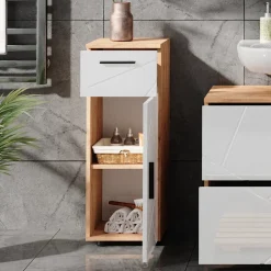 Midischrank Irma Weiß Hochglanz/Goldkraft Eiche 30 x 81 cm Vicco