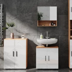 Midischrank Irma Weiß Hochglanz/Goldkraft Eiche 60 x 81 cm Vicco