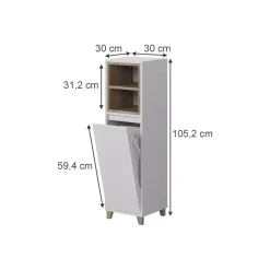 Midischrank mit Wäschekorb Elnor Weiß/Eiche 30 x 105 cm mit ausklappbarem Wäschebehälter Vicco