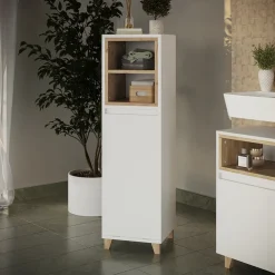 Midischrank mit Wäschekorb Elnor Weiß/Eiche 30 x 105 cm mit ausklappbarem Wäschebehälter Vicco