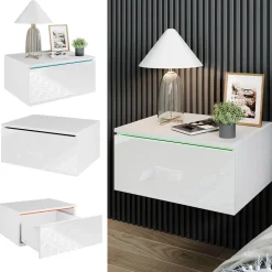 Nachttisch Samira Weiß 49 x 23 cm Mit LED Beleuchtung Vicco