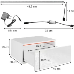 Nachttisch Samira Weiß 49 x 23 cm Mit LED Beleuchtung Vicco