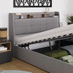 Polsterbett Christin Grau/Eiche 160x200 mit LED, USB-Anschluss & Matratze Vitalispa