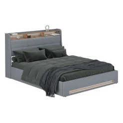 Polsterbett Christin Grau/Eiche 160x200 mit LED, USB-Anschluss & Matratze Vitalispa