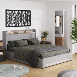 Polsterbett Christin Grau/Eiche 160x200 mit LED, USB-Anschluss & Matratze Vitalispa
