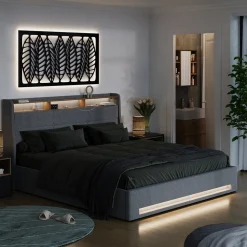 Polsterbett Christin Grau/Eiche 180x200 mit LED, USB-Anschluss & Matratze Vitalispa