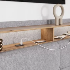 Polsterbett Christin Grau/Eiche 180x200 mit LED, USB-Anschluss & Matratze Vitalispa