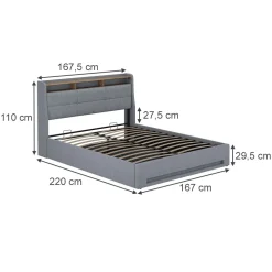 Polsterbett Christin Grau/Eiche 160x200 mit LED und USB-Anschluss Vitalispa