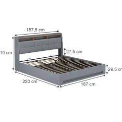 Polsterbett Christin Grau/Eiche 180x200 mit LED und USB-Anschluss Vitalispa