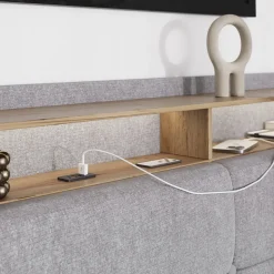 Polsterbett Christin Grau/Eiche 180x200 mit LED und USB-Anschluss Vitalispa