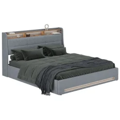 Polsterbett Christin Grau/Eiche 180x200 mit LED und USB-Anschluss Vitalispa