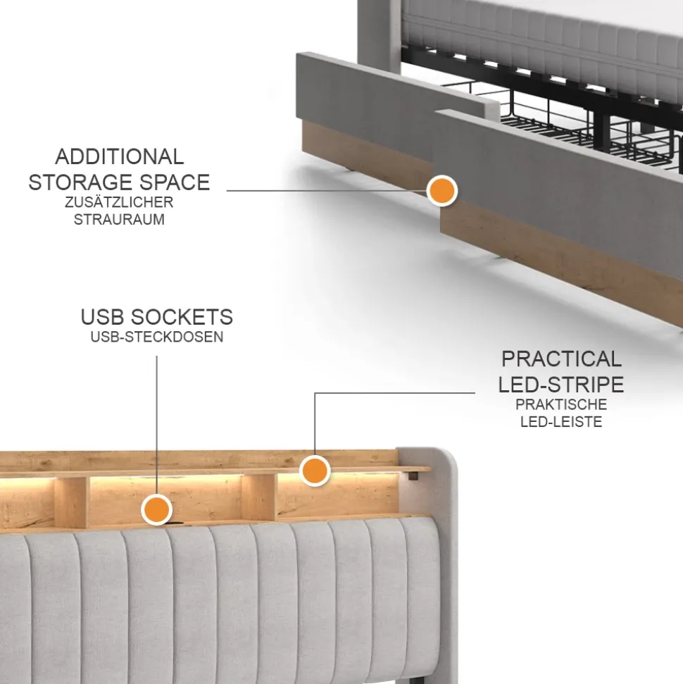 Polsterbett Nura Grau 180x200 cm mit Matratze Vitalispa
