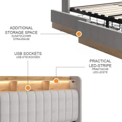 Polsterbett Nura Grau 160x200 cm mit 4 Schubladen Vitalispa