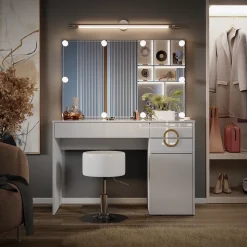 Schminktisch Adela Weiß 115 cm mit LED Beleuchtung und Hocker Vicco