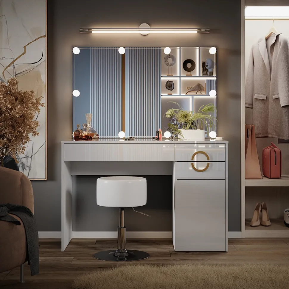 Schminktisch Adela Weiß 115 cm mit LED Beleuchtung und Hocker Vicco