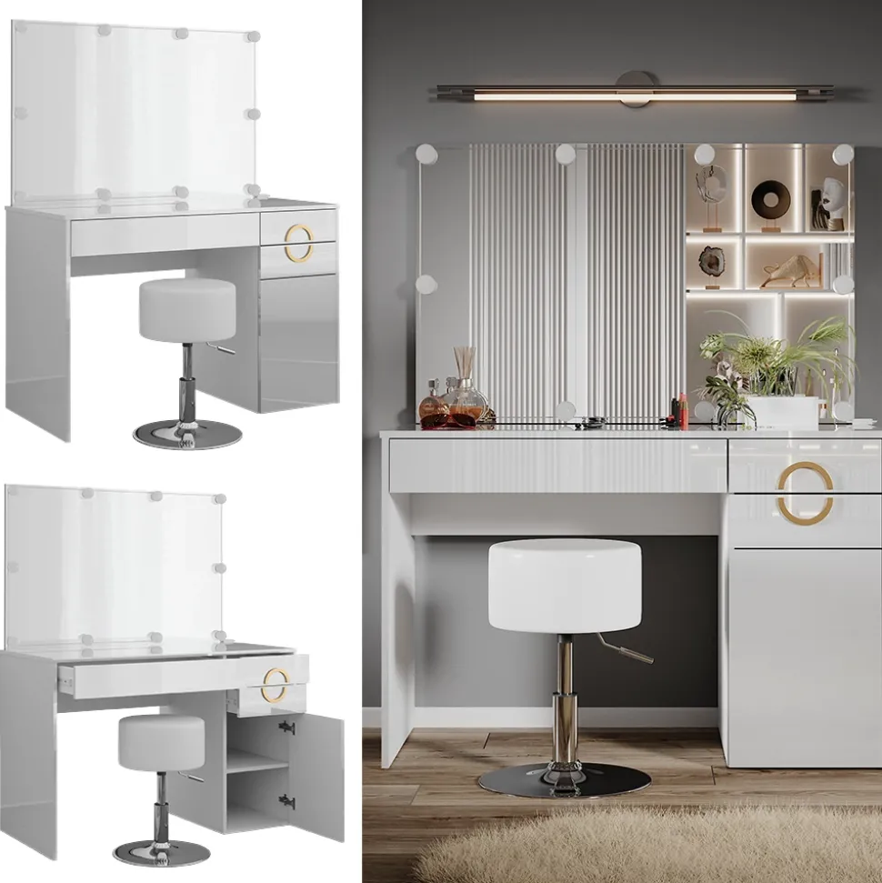 Schminktisch Adela Weiß 115 cm mit LED Beleuchtung und Hocker Vicco