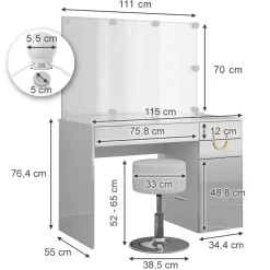 Schminktisch Adela Weiß 115 cm mit LED Beleuchtung und Hocker Vicco
