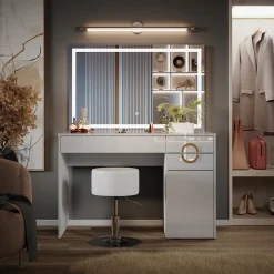 Schminktisch Adela Weiß 115 cm mit LED Spiegel und Hocker Vicco