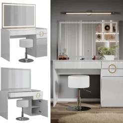 Schminktisch Adela Weiß 115 cm mit LED Spiegel und Hocker Vicco