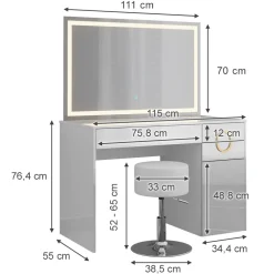Schminktisch Adela Weiß 115 cm mit LED Spiegel und Hocker Vicco