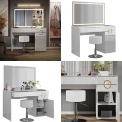 Schminktisch Adela Weiß 115 cm mit LED Spiegel und Hocker Vicco