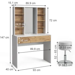 Schminktisch Alexa Goldkraft Eiche/Weiß 93 cm mit Hocker Vicco