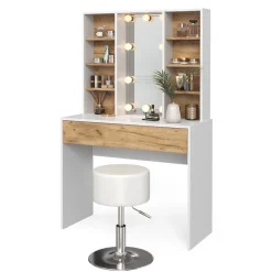 Schminktisch Alexa Goldkraft Eiche/Weiß 93 cm mit LED Beleuchtung und Hocker Vicco