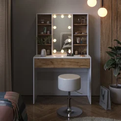 Schminktisch Alexa Goldkraft Eiche/Weiß 93 cm mit LED Beleuchtung und Hocker Vicco