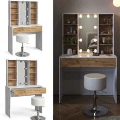 Schminktisch Alexa Goldkraft Eiche/Weiß 93 cm mit LED Beleuchtung und Hocker Vicco