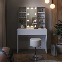 Schminktisch Alexa Weiß 93 cm mit LED Beleuchtung und Hocker Vicco