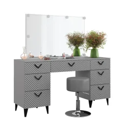 Schminktisch Anett Grau 150 cm mit LED Beleuchtung und Hocker Vicco