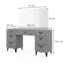 Schminktisch Anett Grau 150 cm mit 7 Schubladen Vicco