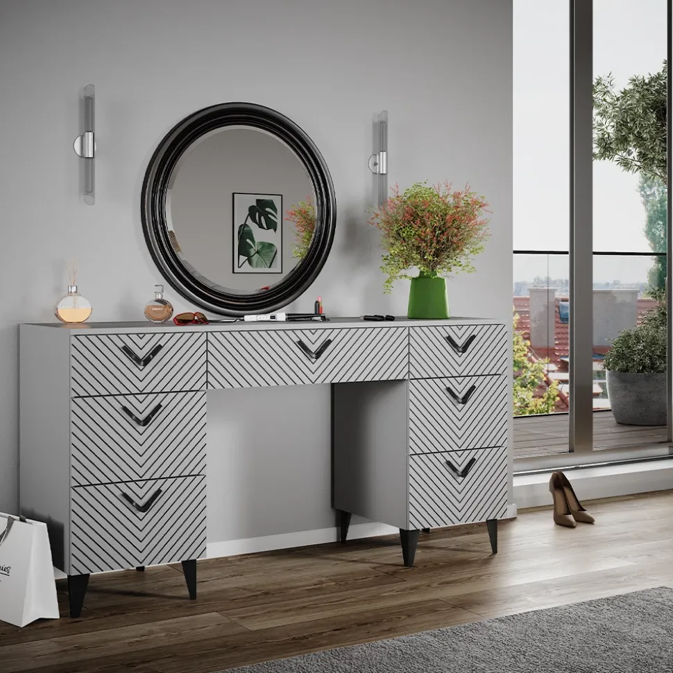 Schminktisch Anett Grau 150 cm ohne Spiegel, mit 7 Schubladen Vicco