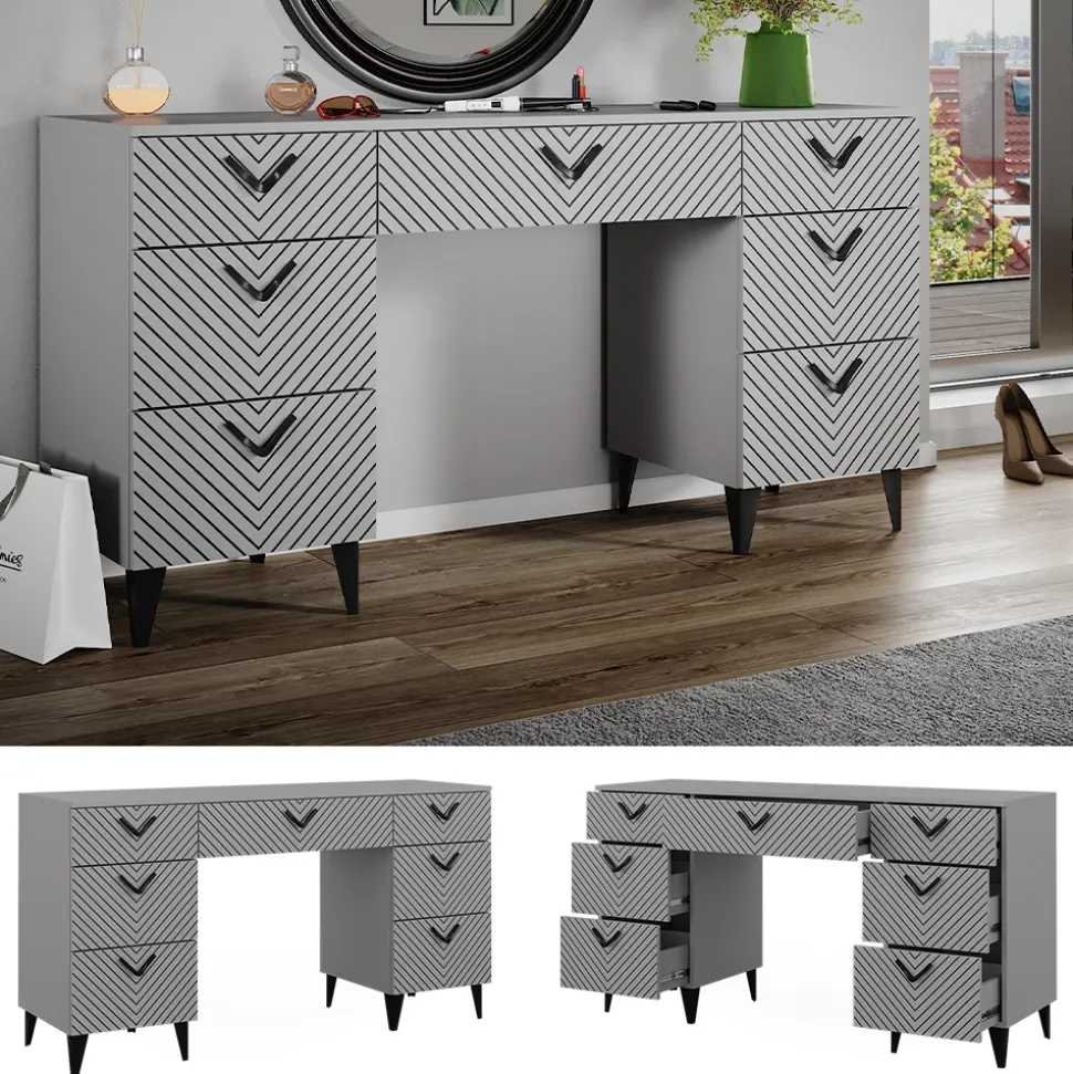 Schminktisch Anett Grau 150 cm ohne Spiegel, mit 7 Schubladen Vicco