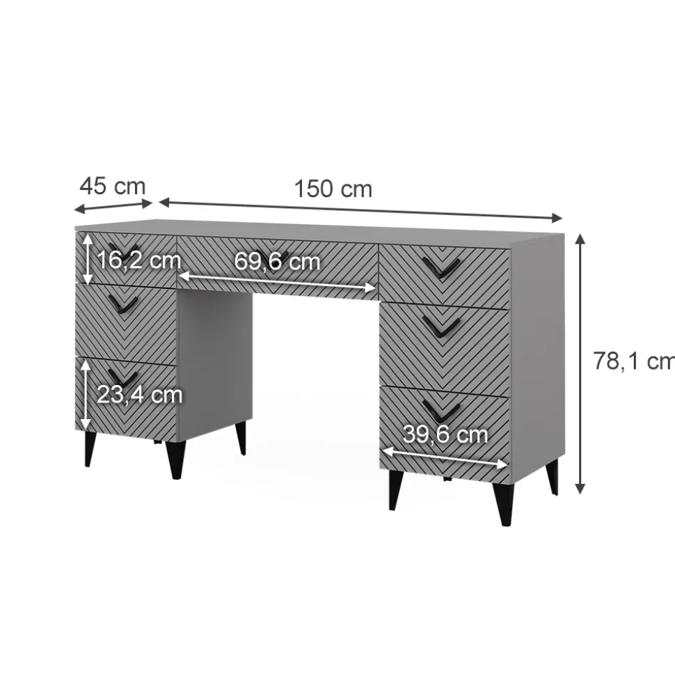 Schminktisch Anett Grau 150 cm ohne Spiegel, mit 7 Schubladen Vicco
