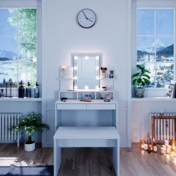 Schminktisch Ania Weiß 80 cm mit LED Beleuchtung und Bank Vicco