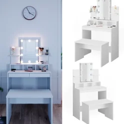 Schminktisch Ania Weiß 80 cm mit LED Beleuchtung und Bank Vicco