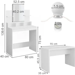 Schminktisch Ania Weiß 80 cm mit LED Beleuchtung und Bank Vicco