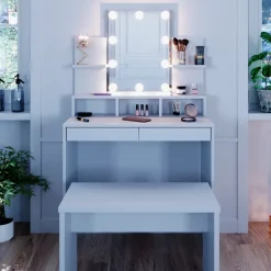 Schminktisch Ania Weiß 80 cm mit LED Beleuchtung und Bank Vicco